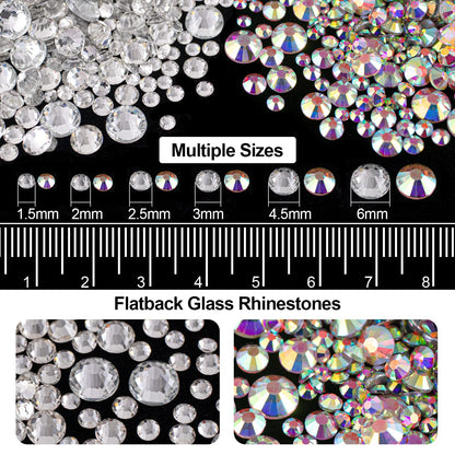 Flat Back Rhinestone Kits Colorful Rhinestones+Crystal Ab&Transparent White Face Gems Nail Gem with Quick Dry Makeup Glue+Picker Pencil+Tweezer for Bedazzling Face Makeup and Nail Art